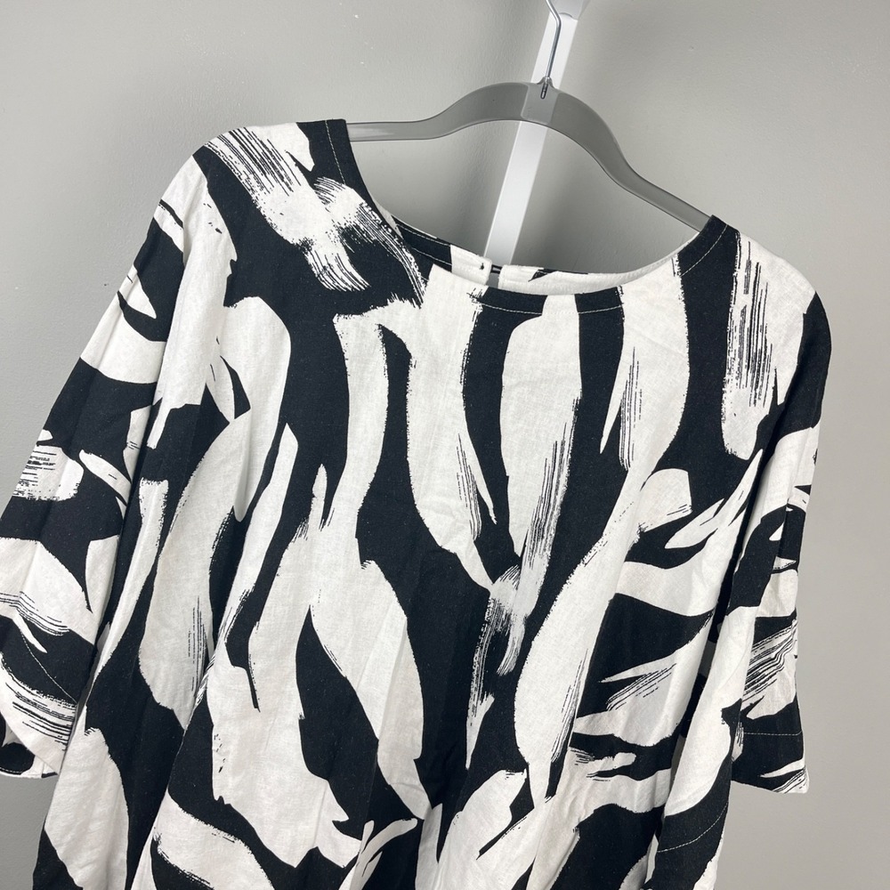 DKNY Lagenlook‎ Top Womens 2X Black White Linen Blend Relaxed Monochrome
